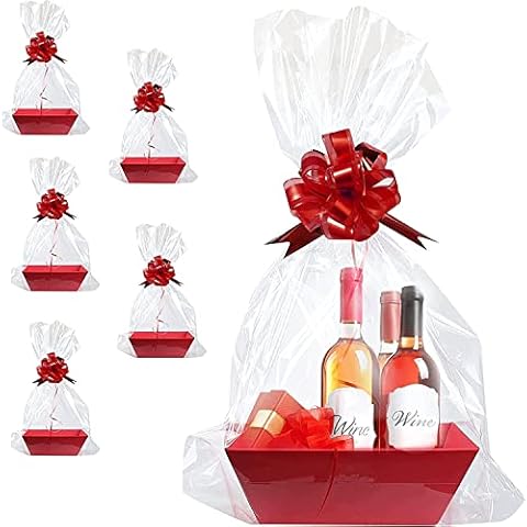 Upper Midland Products [5PK Large Red Baskets For Gifts Empty To Fill| Bulk Gift Basket Kit- 10x12” Big Red Basket | 5 Cellophane Bags | 5 Pack Red Pull Bows Cover