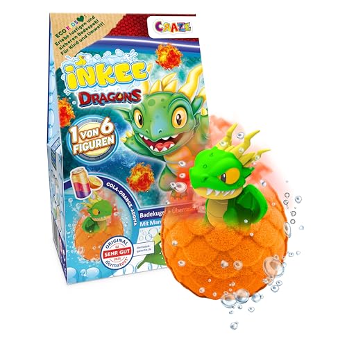 INKEE Surprise Dragons - Badebombe Kinder mit Überraschung, Drachen Spielzeug Figur im Inneren – Badekugel Kinder Cola-Orange Duft – Badespaß Badekugeln mit Überraschung (1x100g) INKEE Surprise Dragons - Badebombe Kinder mit Überraschung, Drachen Spielzeug Figur im Inneren – Badekugel Kinder Cola-Orange Duft – Badespaß Badekugeln mit Überraschung (1x100g)