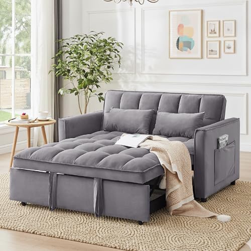 tiramisubest Sleeper Sofa Bed,55'' Convertible Pull Out Couch With Side Pockets,Velvet Fabric Loveseat Sleeper Sofa with Adjustable Backrest for Living Room,Bedroom,Apartment and Small Space, DarkGrey