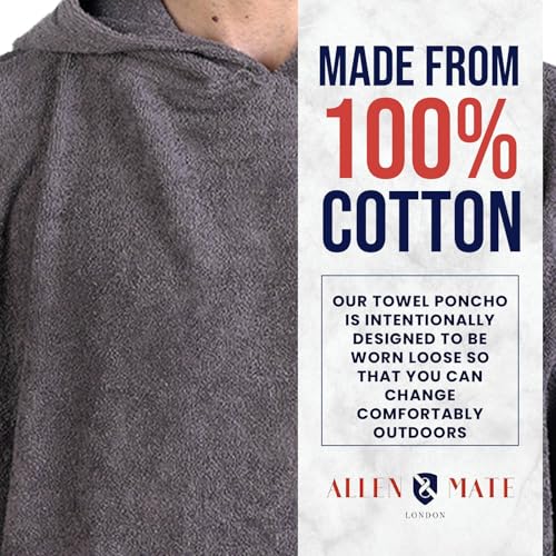Image of ALLEN & MATE 100% Cotton Hooded Surf Poncho Changing Robe - Quick Absorbent Changing Towel with Pocket for Surfing Men Women