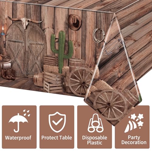 Image of 3 Pack Western Party Tablecloths, 54 x 108 Inch Disposable Plastic Western Cowboy Table Cover for Rustic Farmhouse, West Wooden House, Western Theme Birthday Decorations Outdoor Indoor Party Supplies