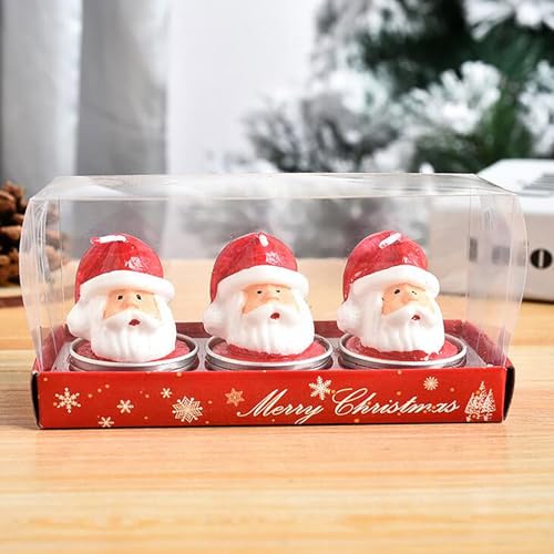 Mini Christmas Candles, Unscented Tea Light Candles with Candlesticks, Santa Claus, Snowman, Pine Cones, Christmas Tree, House Christmas Decor for Party Bedroom Table Decorations, 3pcs/Set (D)