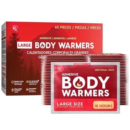 IRIS USA Hand Warmers, Large - 60 Individual Warmers, Adhesive Body Warmers Up to 12 Hours Disposable Handwarmers Bulk for Hot Hands Feet Chest Back Legs, TSA-Approved, Skiing Camping Outdoor