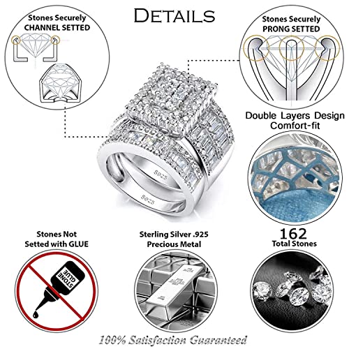 Platinum Over Sterling Silver Big Womens Bridal Rings Set Bling Princess Cut Cubic Zirconia Size 5-114