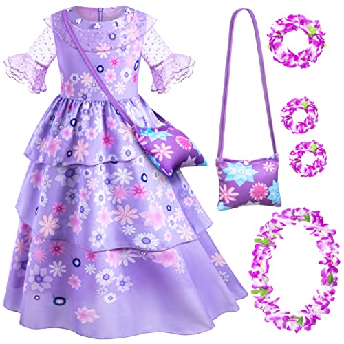 Kaisebile Princess Costume Dress for Girls Birthday Halloween Party Dress Up with Bag,Leis Necklace Headband 5-6 Years