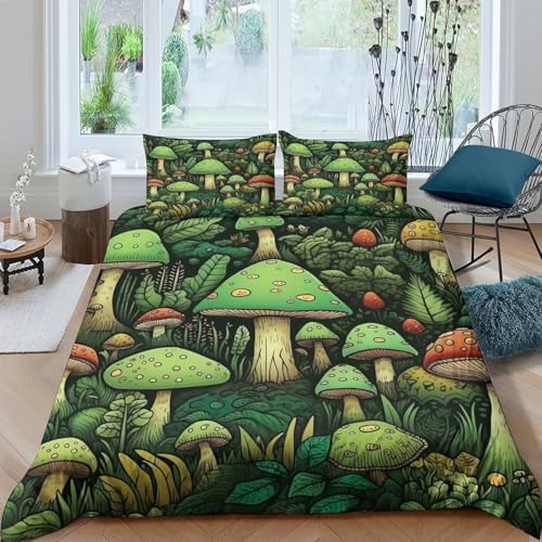 Housse de couette forêt de champignons 3D parure lit microfibre hypoallergénique
