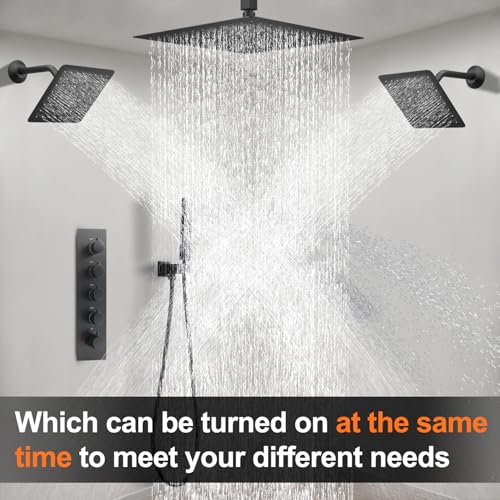 Sistema de ducha termostático negro con tres cabezales, incluyendo cabezal de lluvia de 16" montado en techo y 2 cabezales de pared de 6" con 4 funciones, sistema de ducha de cuerpo completo que puede funcionar simultáneamente miniatura 3