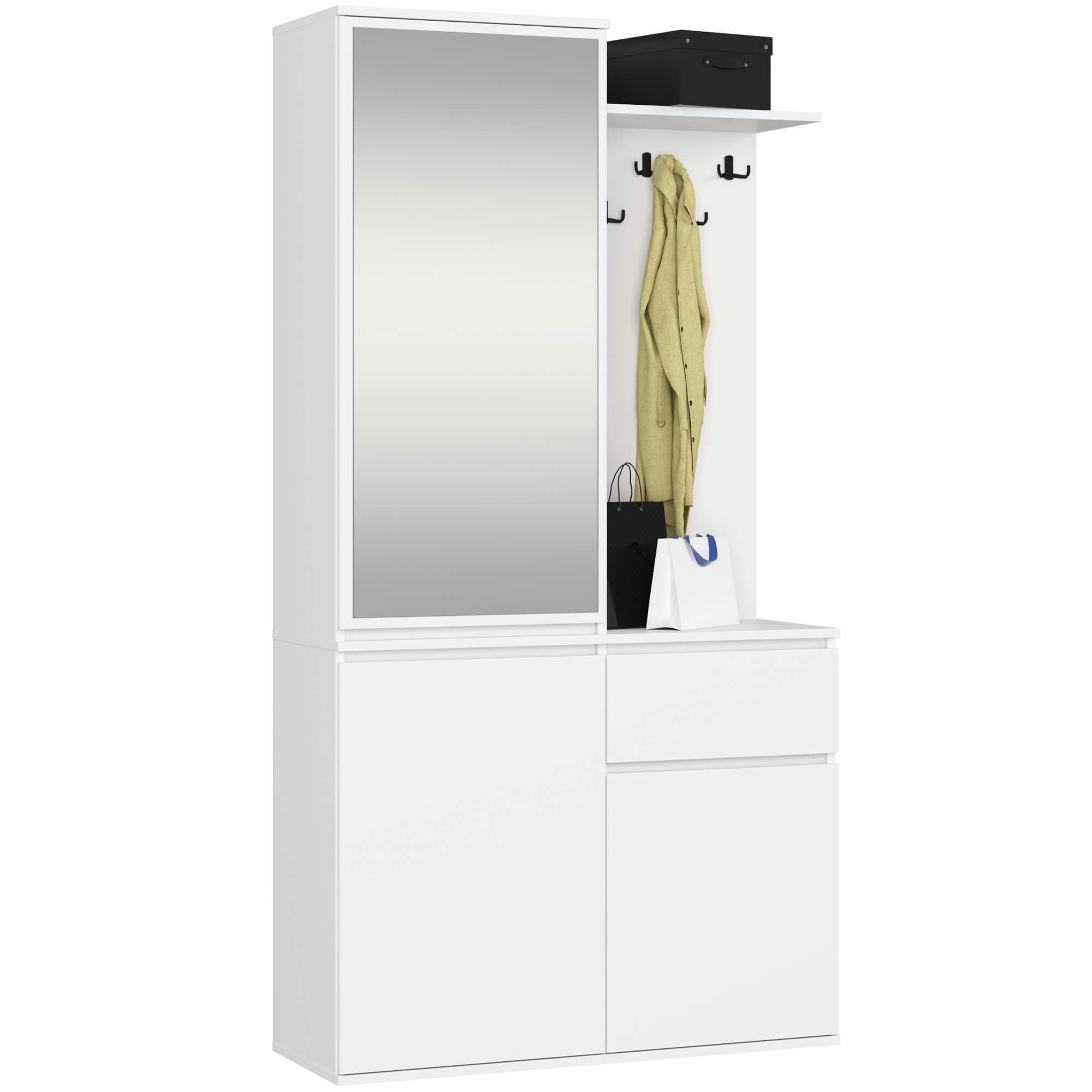 AKORD Set Guardaroba ENTRO 95 cm - Mobile Da Ingresso Moderno 3 Ante 1 Cassetto 7 Ripiani - Mobile Entrata Ingresso con Scarpiera e Appendiabiti - Arredo per Corridoi - Bianco