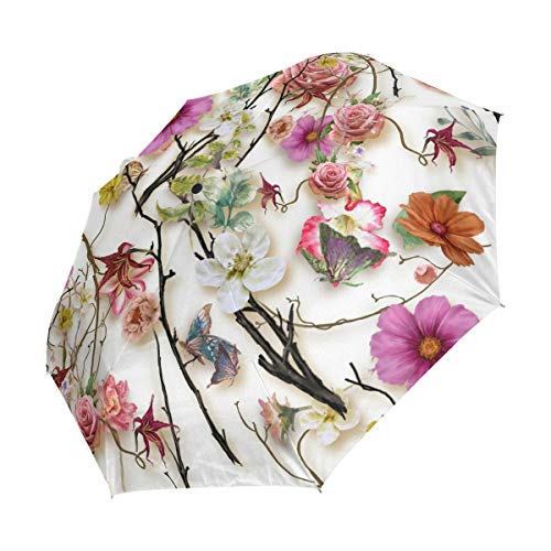 Preisvergleich Produktbild Reise-Regenschirm, faltbar, 3D tropische Blume, Blumen-Kunst, Sonnenschutz, winddicht, regendicht, tragbar, automatischer Sonnenschirm
