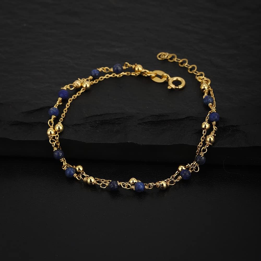 Vanbelle 18K Gold Plated Jewelry - Double Layered Beaded Chain Bracelet with Natural Lapis Stones - Beautifully Handcrafted for Women - 6.5" Long + 1" Extender - Image 6