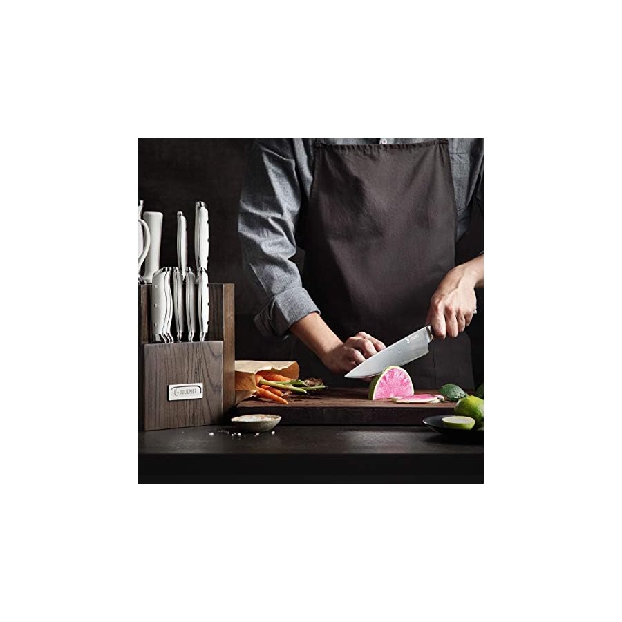 Jourmet 15PC Knife Block Set, Knife Set with Block for kitchen, High Carbon Stainless Steel Blade Kitchen Knife Set with Block and Knife Sharpener