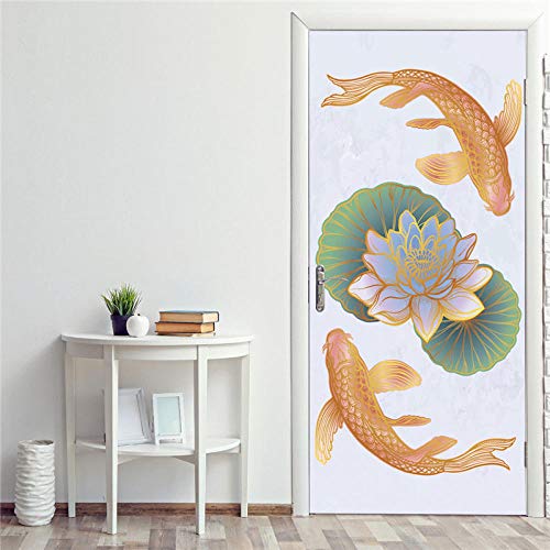 Porte autocollant Mural Papier Lotus poisson rouge papier peint Pvc auto-adhésif papier peint décor à la maison étanche Mural décalcomanie