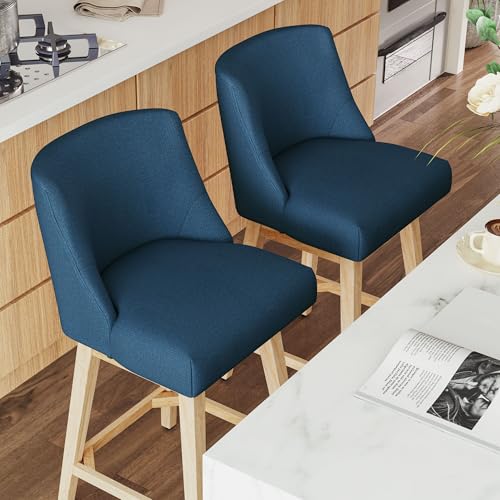 Image of Swivel Counter Height Bar Stools Set of 4, Modern Fabric Swivel Barstools with Contoured Back and Solid Wood Legs, Upholstered Counter Stool Bar Chairs for Kitchen Island, Home Bar, Blue