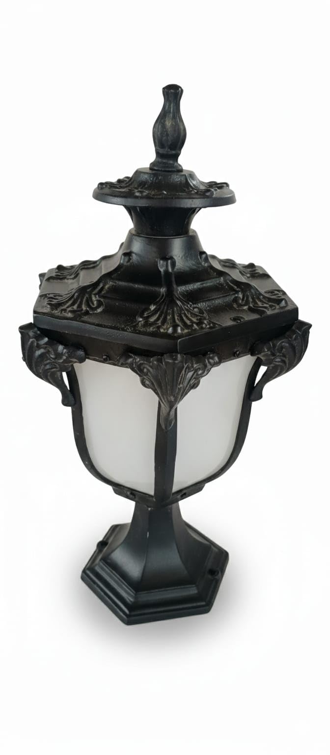 Decorative Gate Light, Black Finish, Ornate Cast Design, Frosted Glass Panel, Outdoor Pillar Lantern-image-8