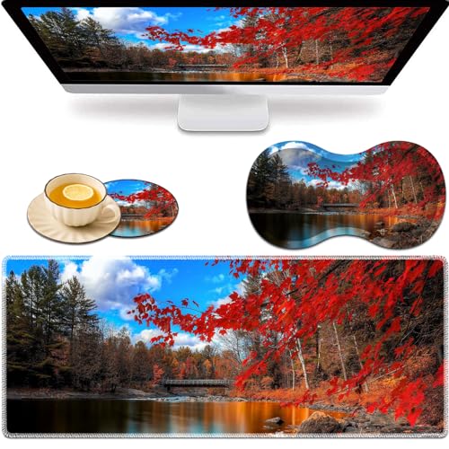 Alfombrilla de mouse grande + almohadilla de soporte de muñeca + posavasos de café, mantel plegable de arce rojo con borde cosido, almohadilla antideslizante adecuada para oficina, trabajo y hogar