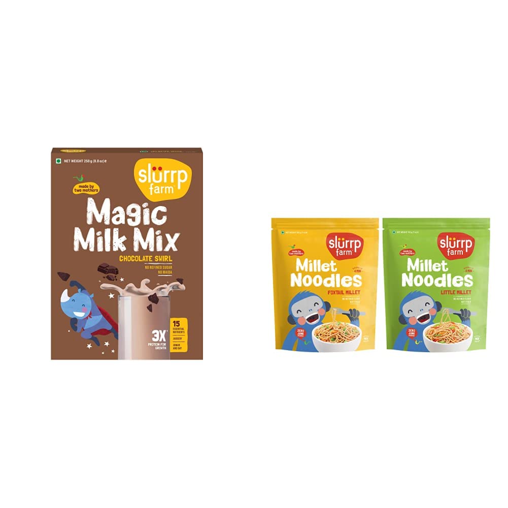 Slurrp Farm High Protein Chocolate Swirl Milk Mix | 250g & Slurrp Farm No Maida Millet Noodles | Not Fried, No MSG | Foxtail Millet and Little Millet Noodles Combo | Pack of 2-192g Each