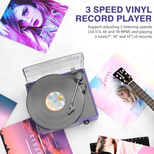 Image of cotsoco Vinyl Record Player Bluetooth,Belt-Drive Turntable with Stereo Speakers Vintage Phonograph Vinyl Record Player 3 Speed 3 Size for Home Decoration,Aubergine