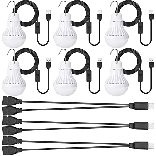 Funtery 6 Pcs USB LED Light Portable Light Bulb with USB Hanging Camping Light Splitter Cable for Camping Tent Garage Warehouse Car Truck Outdoor, 5W, 8.2ft