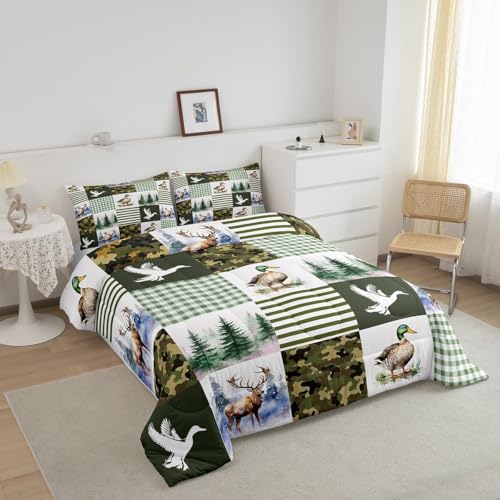 Image of Feelyou Kids Mallard Duck Comforter Set Queen Size, Duck Hunting Bedding Set Green Duck Comforter for Boys Girls Deer Hunting Duvet Insert Bed Set 3Pcs