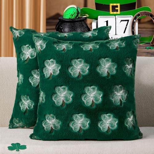 St Patricks Day Pillow Covers 16x16 Inch Set of 2 Green Embroidery Shamrock Decorative White Soft Plush Faux Wool Throw Pillows for Couch Sofa Bedroom Holiday Home Decor MRD02B40 image 4