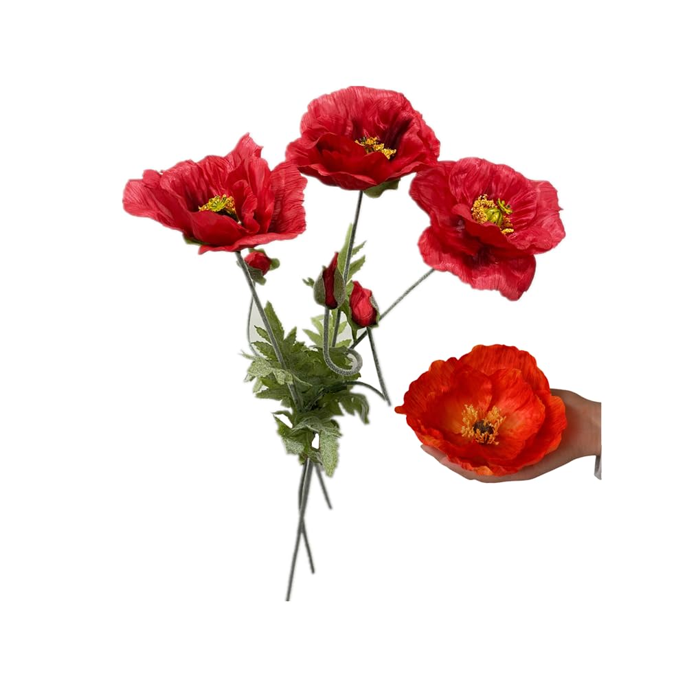 Rikyo Red 71Cm Artificial Poppies Flowers Permanent Flower, 3Pcs Tropical Plant Flowers Bouquets For Table Centerpieces, Bridal Wedding Festival Decor,4" Petals Heads (Red)