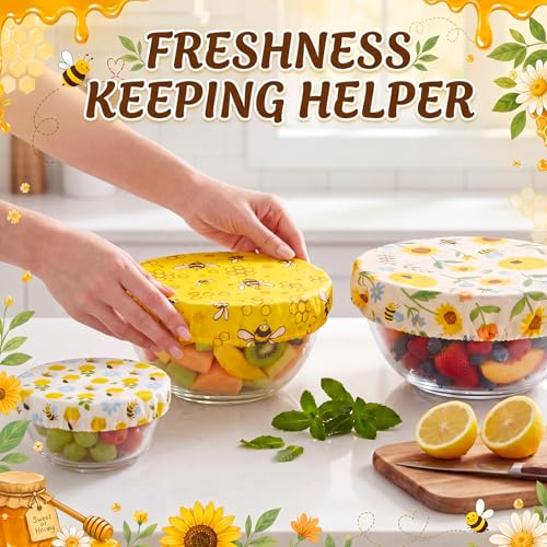 Mindsoft 10 Pcs Reusable Bowl Covers for Bread Proofing Beeswax Bowl Covers 5 Size Elastic Cotton Sourdough Bowls Cover Shower Caps for Sourdough Bread Food Storage Fruit Leftover (Yellow Honeycomb) by Mindsoft - Image 6