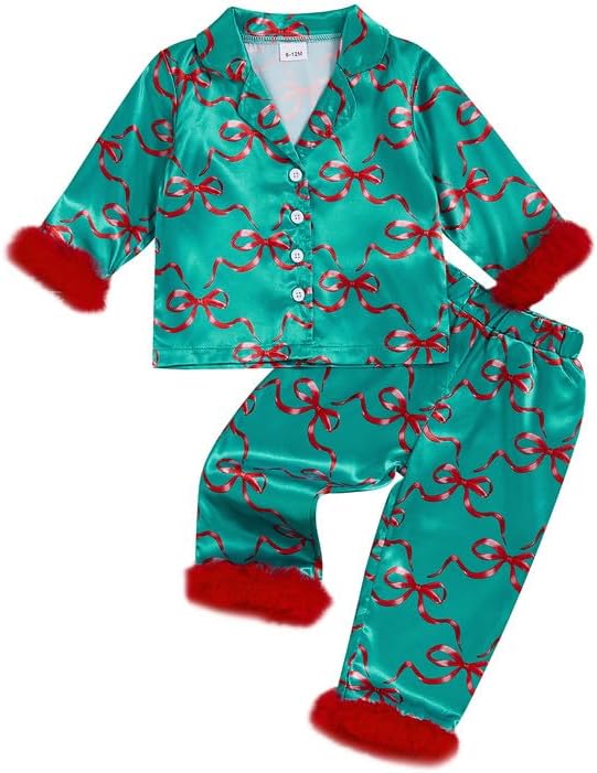 Multitrust Baby Girls Boys Silk Christmas Pajamas Set Santa Claus Long Sleeve Button Down Shirts and Pants Xmas Satin Pj Sets