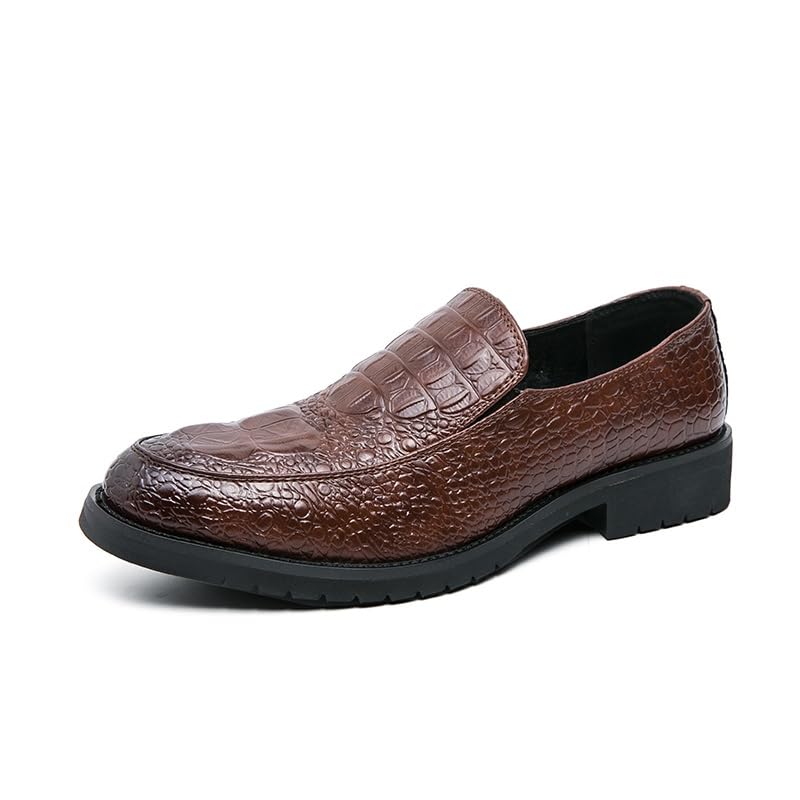Dress Shoes for Men Slip On Round Burnished Toe Crocodile Print Apron Toe Block Heel Anti-Slip Rubber Sole Low Top Non Slip Outdoor(Brown,9) - Main Image