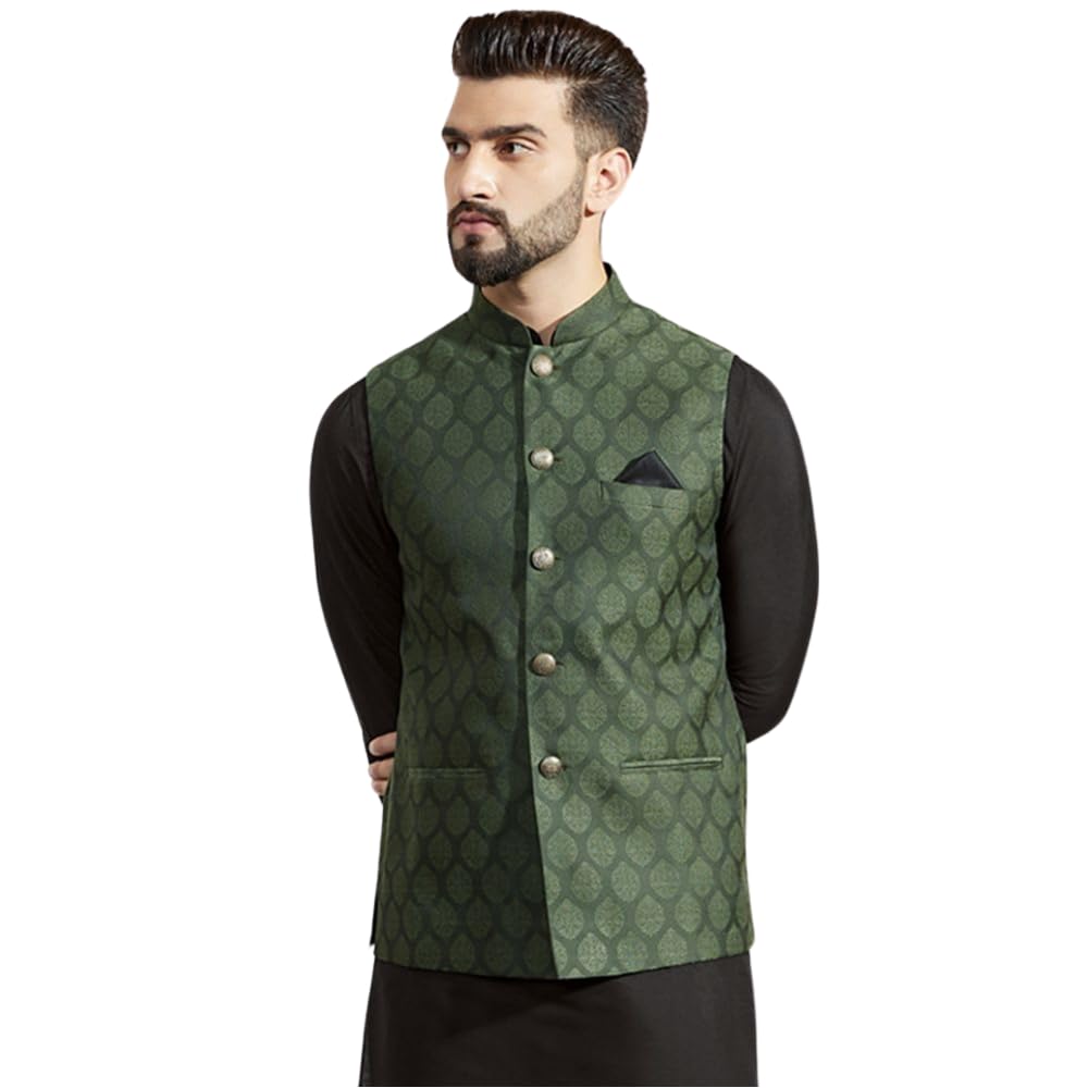 kisah Men's Nehru Jacket, Olive Silk Blend, Woven Design Mandarin Collar Regular Fit Sleeveless, 36-picture-21