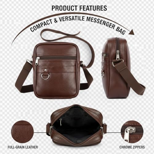 Image of Men's Leather Sling Bag Crossbody Messenger Shoulder Bag | Stylish Office Travel Side Bag with Multiple Compartments, Adjustable Strap & Secure Pockets for Daily Use