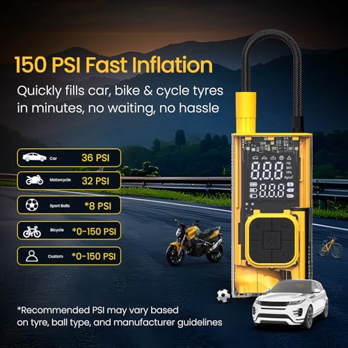 Image of Portronics Vayu 3T Transparent Portable Tyre Inflator 150 PSI with Dual 2000mAh Rechargeable Battery, Digital Display, Auto Shut-Off, LED Light with 2 SOS Modes, Type-C Air Pump for Car, Bike &Bicycle