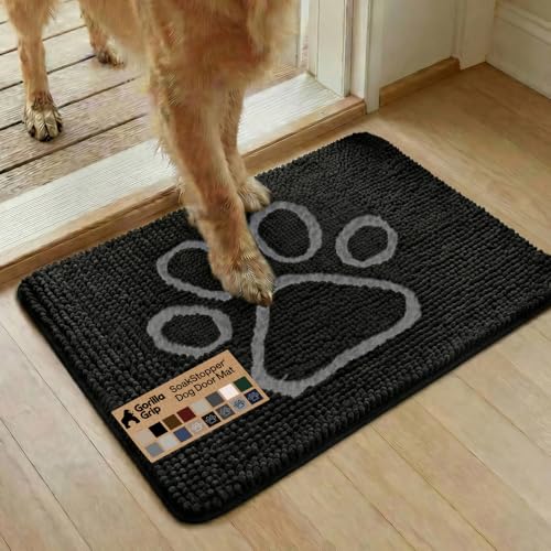 GORILLA GRIP SoakSTOPPER Dog Door Mat, Machine Washable Rug Absorbent Doormat Captures Moisture Mud Dirt, Quick Dry Soft Chenille Entryway Rugs Indoor Entrance Mats for Dog Paws, 24x17 Black White