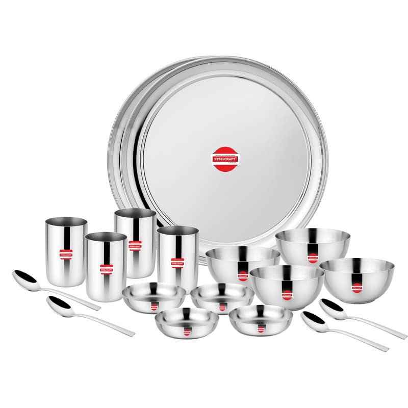 Steelcraft Premium Stainless Steel Olive Dinner Set-24 Pcs High Grade Quality-with Silver Touch Finish, Kitchen Set for Home, Made in India, Steel Colour