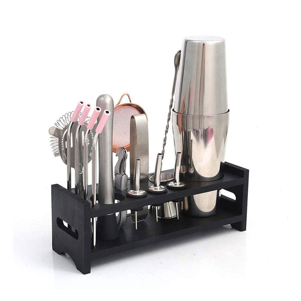 Kit de Barman con Elegante Soporte de bambú, coctelera de 15 Piezas Sistema de coctelera para Bebidas Mixtas, Conjunto de Herramientas de Barra de Acero Inoxidable Profesional