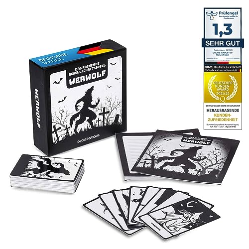 GOODS+GADGETS Original Werwolf Kartenspiel Deluxe Partyspiel mit Erweiterung - Werwölfe Rollenspiel Klassiker - 45 Karten Edition mit 30 verschiedenen Charakteren! DEUTSCHE Version