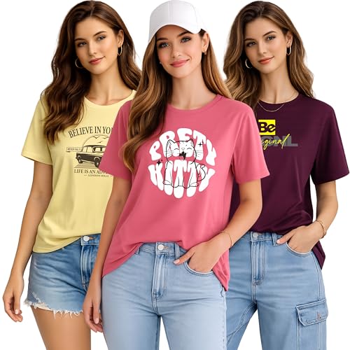 Image of London Hills Women Cotton Printed T-Shirt Combo Pack of 3 | Loose Fit Half Sleeve Round Neck Graphic Tees for Girls & Ladies | Women's Western Tops | Cute Trendy Print Summer Fashion T-Shirts