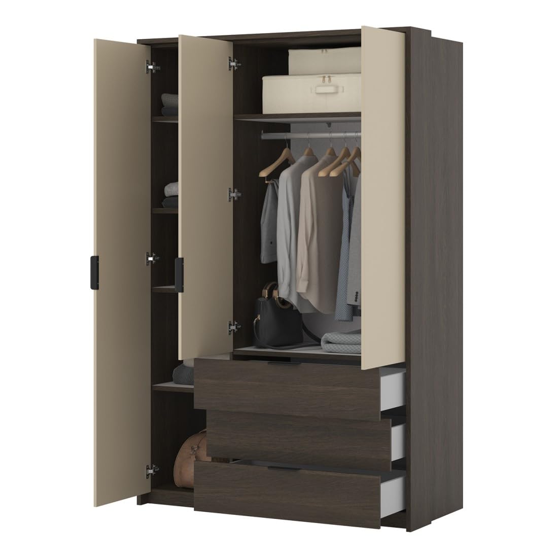 Armadio VALDORA 3 ante con LED e 3 cassetti rovere scuro e beige 139 cm