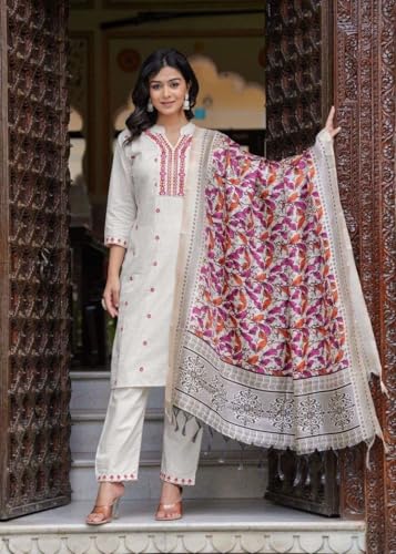Image of Women's Cotton Embroidered Straight Kurti With Pant and Dupatta Set