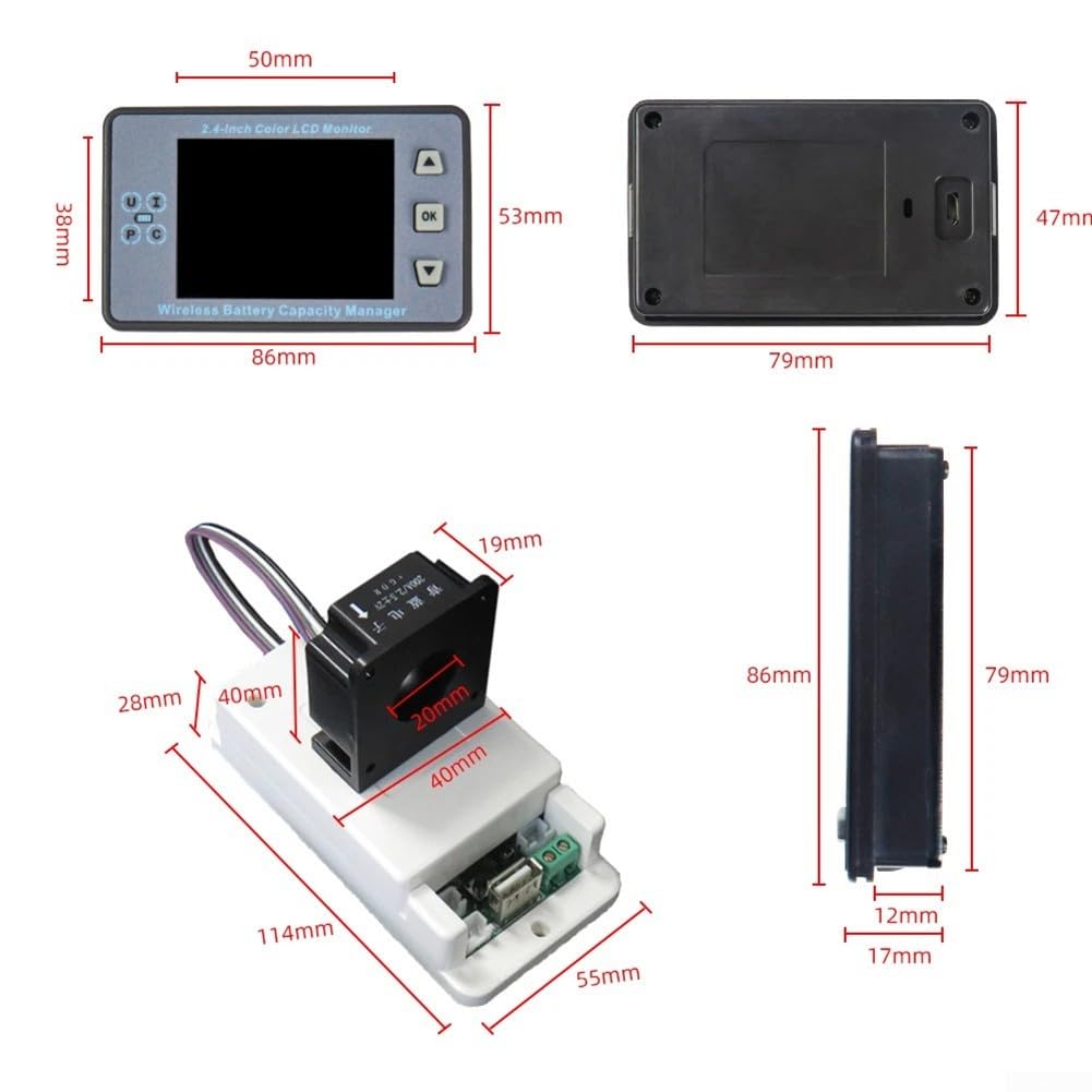 Kabelloses Batteriemessgerät für DC 12V-80V Systeme, 100A Hall-Sensor, Spannung/Strom/Ah/SOC/Temp/KWH Display, kein Shunt erforderlich, einfache zerstörungsfreie Installation