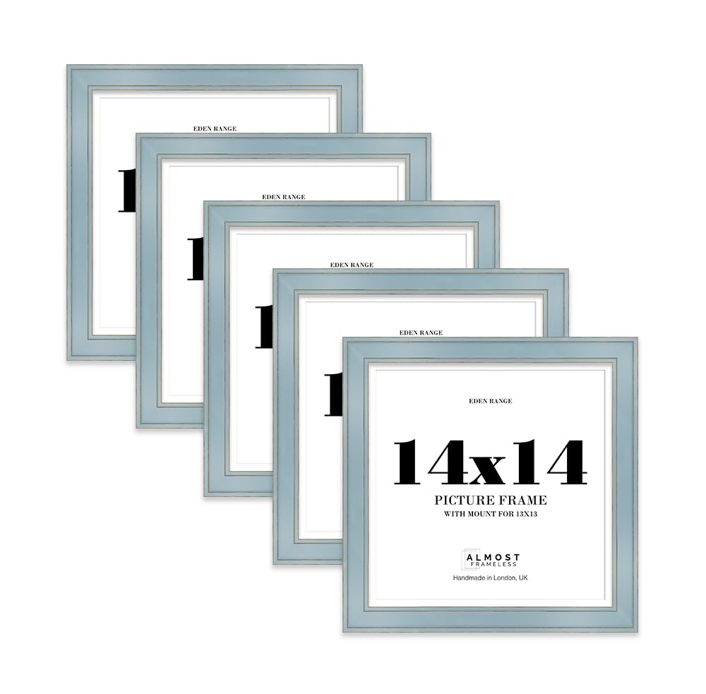 14x14" Cornflower Blue Square Picture Frame with 13x13" Mount - Shabby Chic Photo Frame with Distressed Finish, Gold Trim, Wall Hooks, 37mm Edge - 5 Pack