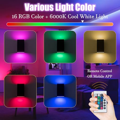 Image of 10 inch RGB Modern Outdoor Wall Light Color Changing Outdoor Sconce Lights with Remote Control or App Control, Black Up and Down Exterior Lighting Fixtures for House Garage Patio Porch