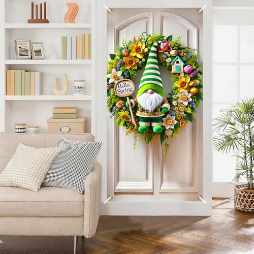 Image of Hello Spring Gnome Door Cover 35x71in Green Daffodil