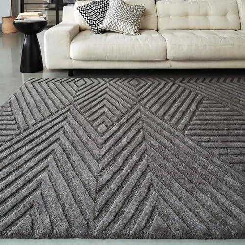 Image of Hand-Tufted Woolen Large Carpet for Living Room 7x10 feet Charcoal Grey Geometric Loop Cut Pile Anti-Skid High Pile Thick Carpet & Rugs for Bedroom & Hall