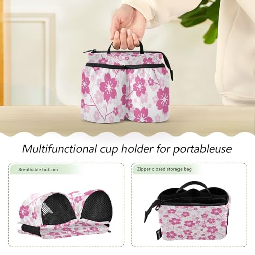 Image of Luggage Cup Holder for Suitcases Free Hands Suitcase Cup Holder Travel Luggage Drink Holder Portable Luggage Cup Caddy Bag Carrier with Handle Cherry Blossom Floral Pink