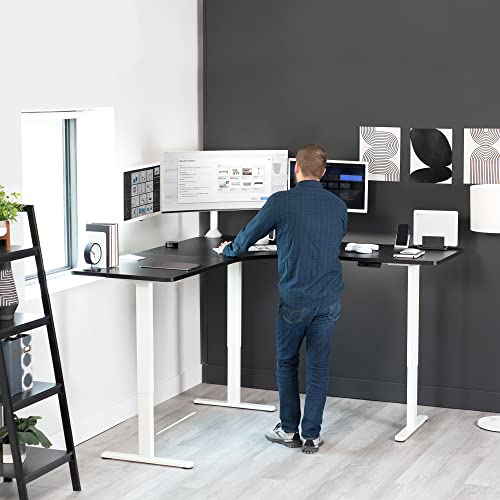 Image of VIVO Electric Height Adjustable 71 x 71 inch Curved Corner Stand Up Desk, Black Table Top, White Frame, Memory Controller, L-Shaped Workstation, E3C Series, DESK-KIT-E3CWB