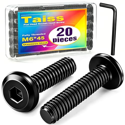 Taiss 20pcs M6 x 45mm Flat Head Socket Head Screw Furniture Bolts,Furniture Screws Stainless Steel 18-8(304),M6 Bolts Black Zinc Plated Fully Threaded,Countersunk Connector M6 Screws with Hex Spanner