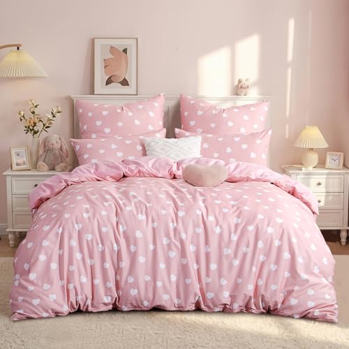 RUIKASI Bettwäsche 135x200 Baumwolle 2teilig Rosa - Baumwollbettwäsche 135 x 200 2tlg mit Herzen Muster Bettbezug Set 2 teilig Cotton mit Reißverschluss