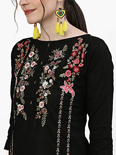 Image of ishin Women's Cotton Black & Off White Embroidered Straight Kurta Trouser Set