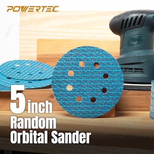Image of POWERTEC 5 Inch 8-Hole Hook and Loop Diamond Shaped Sanding Discs, 50PK, 120 Grit for Random Orbital Sanders - J-Weight Cloth Backing for Long Life, Anti-Clog Sandpaper (44912)