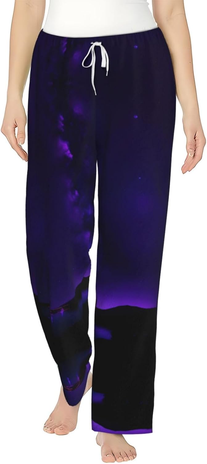 Purple Starry Sky Print Cozy Christmas Pajama Pants,Flannel Pajama Bottoms,Cater To Various Body Types